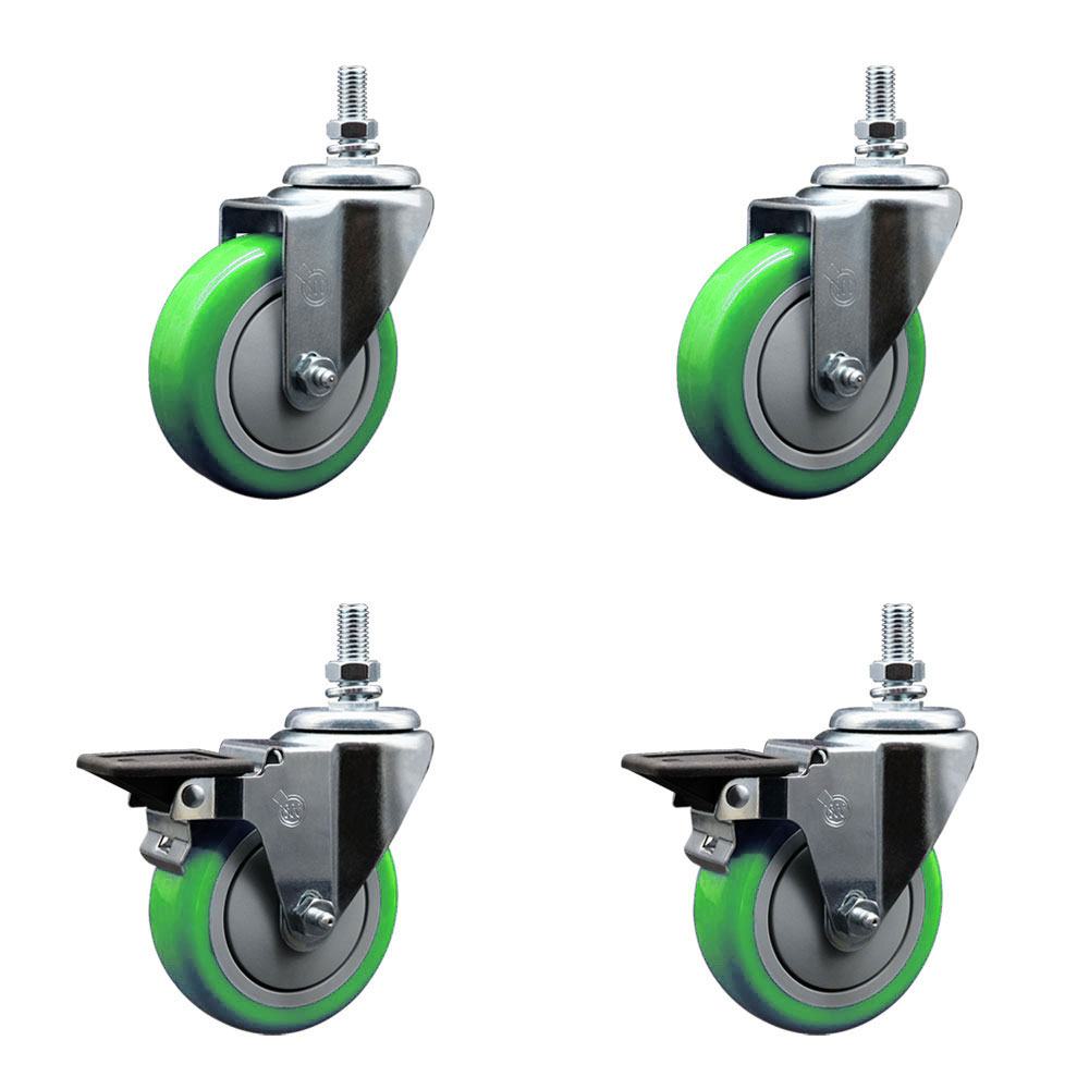 Polyurethane Swivel Threaded Stem Caster Set of 4 w/4" x 1.25" Green Wheels and 10MM Stems - Includes 2 with Posi Locking Brake - 1400 lbs Total Capacity - Service Caster Brand — photo 1