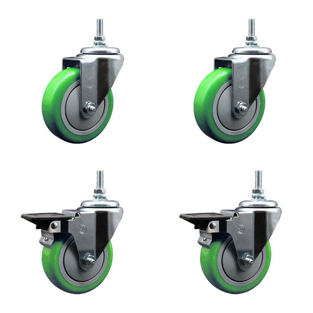 Polyurethane Swivel Threaded Stem Caster Set of 4 w/4" x 1.25" Green Wheels and 12MM Stems - Includes 2 with Posi Locking Brake - 1400 lbs Total Capacity - Service Caster Brand — photo 1