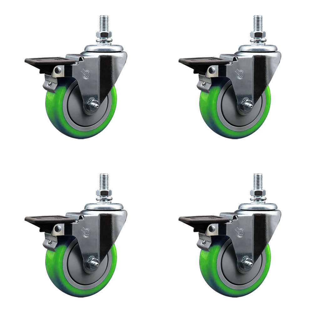 Polyurethane Swivel Threaded Stem Caster Set of 4 w/4" x 1.25" Green Wheels and 1/2" Stems - Includes 4 with Posi Lock Brakes - 1400 lbs Total Capacity - Service Caster Brand — photo 1