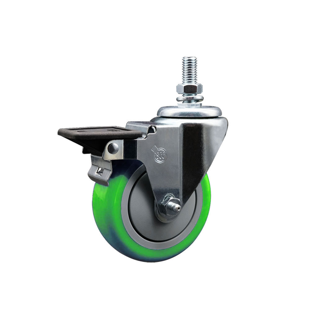 Polyurethane Swivel Threaded Stem Caster w/4" x 1.25" Green Wheel and 1/2" Stem & Posi Locking Brake - 350 lbs Capacity/Caster - Service Caster Brand — photo 1