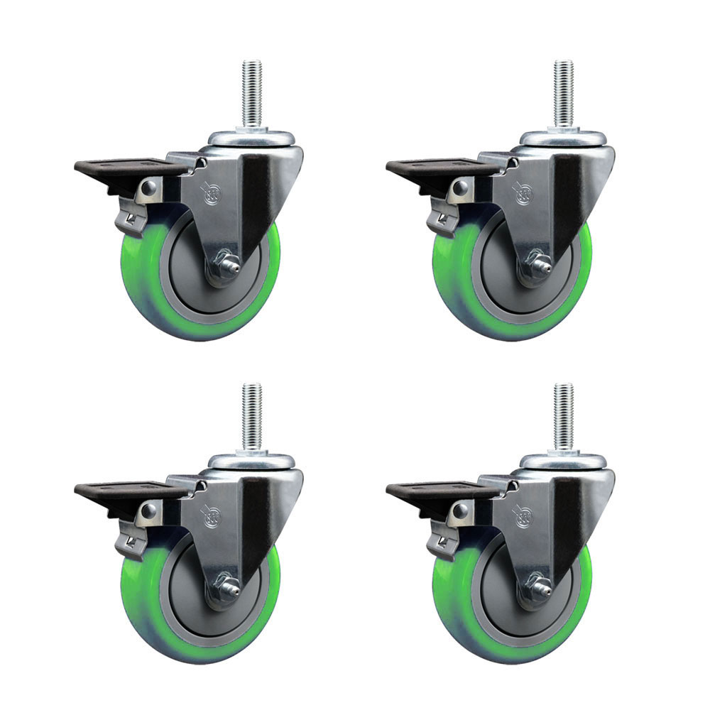 Polyurethane Swivel Threaded Stem Caster Set of 4 w/4" x 1.25" Green Wheels and 3/4" Stems - Includes 4 with Posi Lock Brakes - 1400 lbs Total Capacity - Service Caster Brand — photo 1