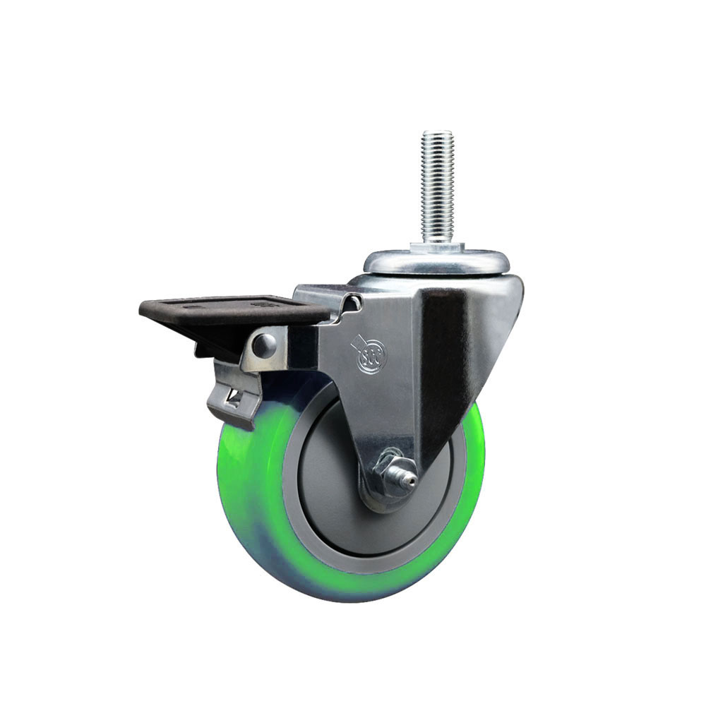 Polyurethane Swivel Threaded Stem Caster w/4" x 1.25" Green Wheel and 3/4" Stem & Posi Locking Brake - 350 lbs Capacity/Caster - Service Caster Brand — photo 1