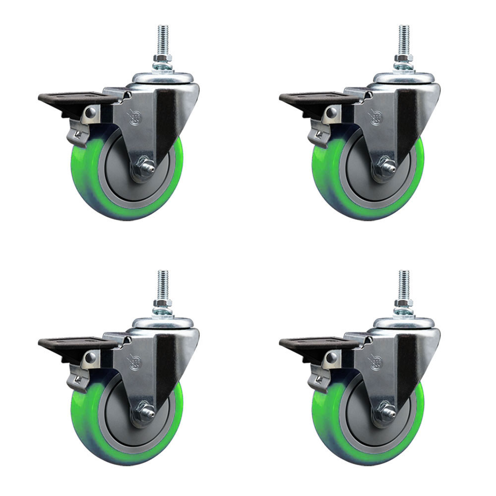 Polyurethane Swivel Threaded Stem Caster Set of 4 w/4" x 1.25" Green Wheels and 3/8" Stems - Includes 4 with Posi Lock Brakes - 1400 lbs Total Capacity - Service Caster Brand — photo 1