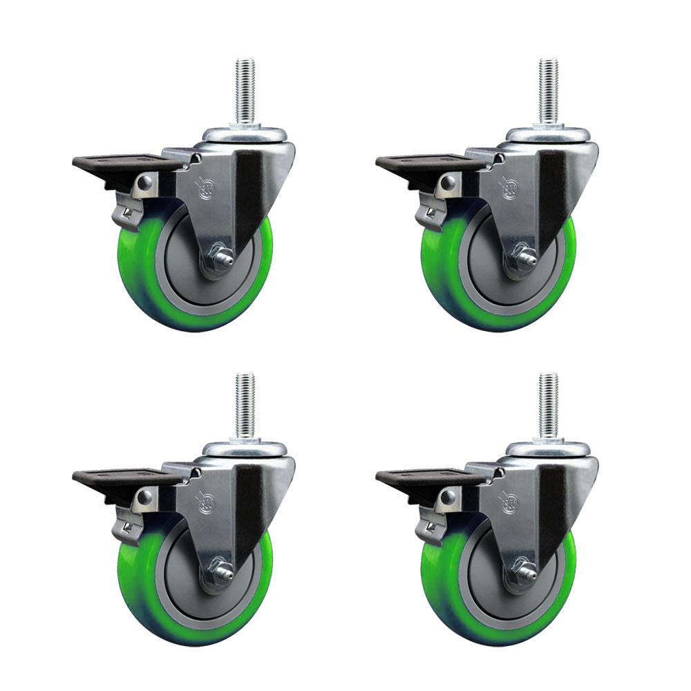 Polyurethane Swivel Threaded Stem Caster Set of 4 w/4" x 1.25" Green Wheels and 5/8" Stems - Includes 4 with Posi Lock Brakes - 1400 lbs Total Capacity - Service Caster Brand — photo 1
