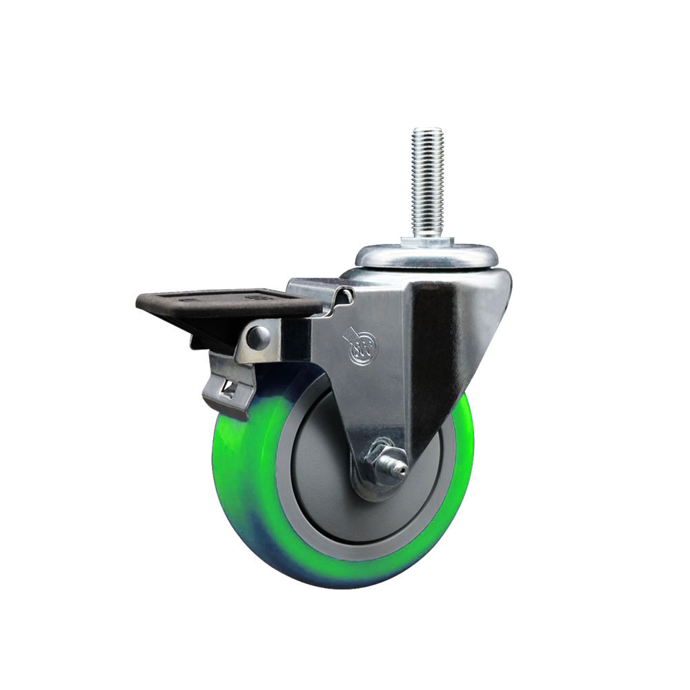 Polyurethane Swivel Threaded Stem Caster w/4" x 1.25" Green Wheel and 5/8" Stem & Posi Locking Brake - 350 lbs Capacity/Caster - Service Caster Brand — photo 1