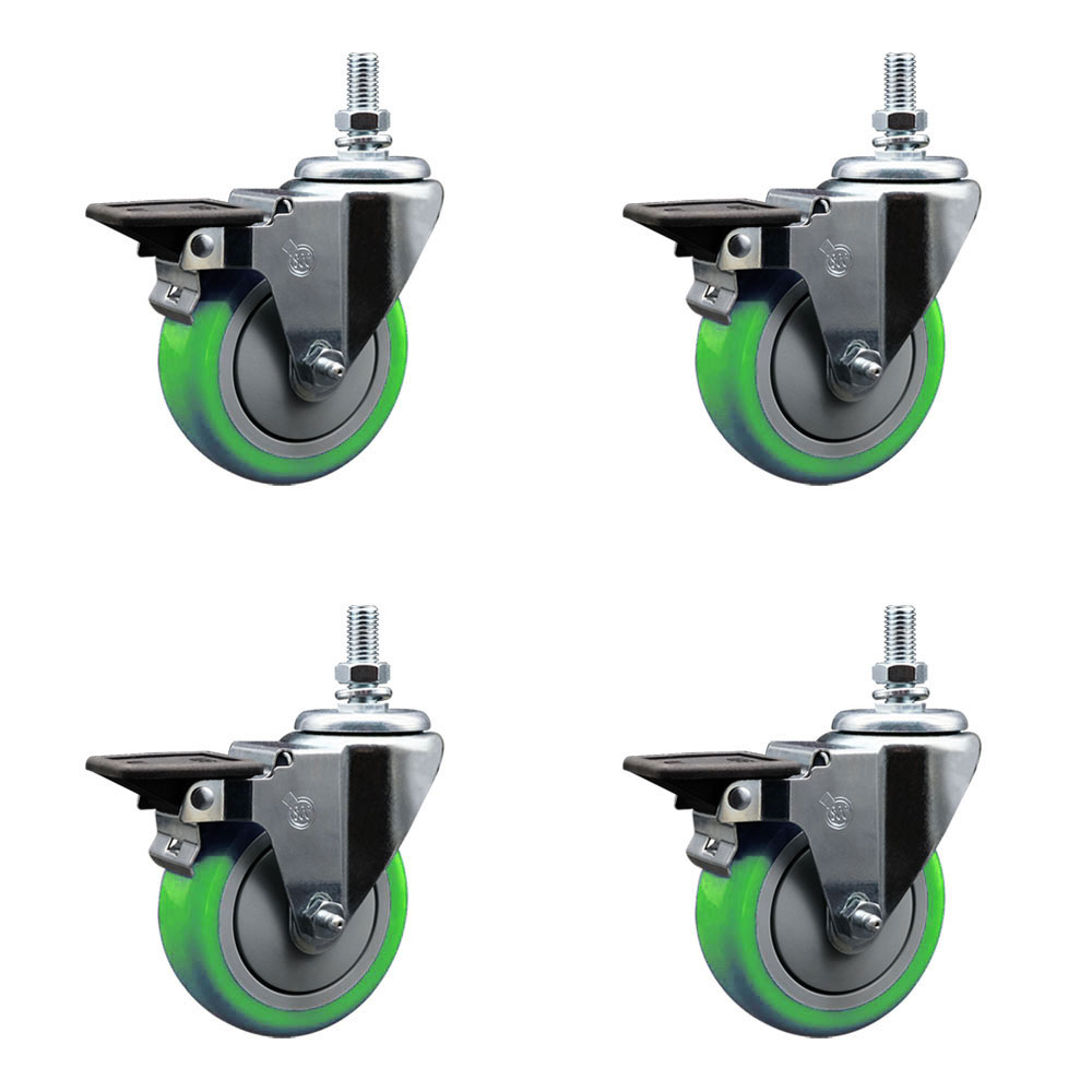 Polyurethane Swivel Threaded Stem Caster Set of 4 w/4" x 1.25" Green Wheels and 10MM Stems - Includes 4 with Posi Lock Brakes - 1400 lbs Total Capacity - Service Caster Brand — photo 1