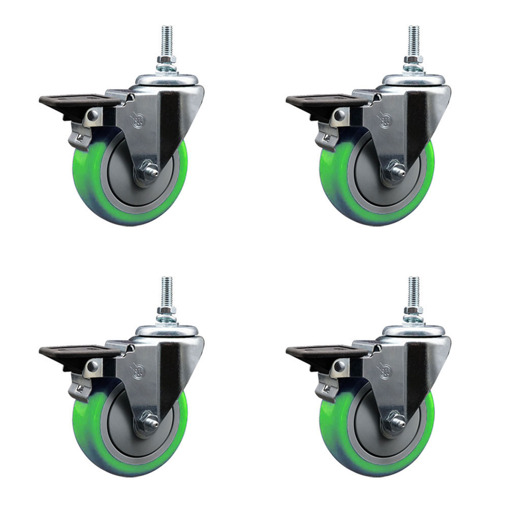 Polyurethane Swivel Threaded Stem Caster Set of 4 w/4" x 1.25" Green Wheels and 12MM Stems - Includes 4 with Posi Lock Brakes - 1400 lbs Total Capacity - Service Caster Brand — photo 1