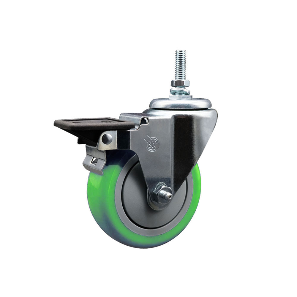 Polyurethane Swivel Threaded Stem Caster w/4" x 1.25" Green Wheel and 12MM Stem & Posi Locking Brake - 350 lbs Capacity/Caster - Service Caster Brand — photo 1