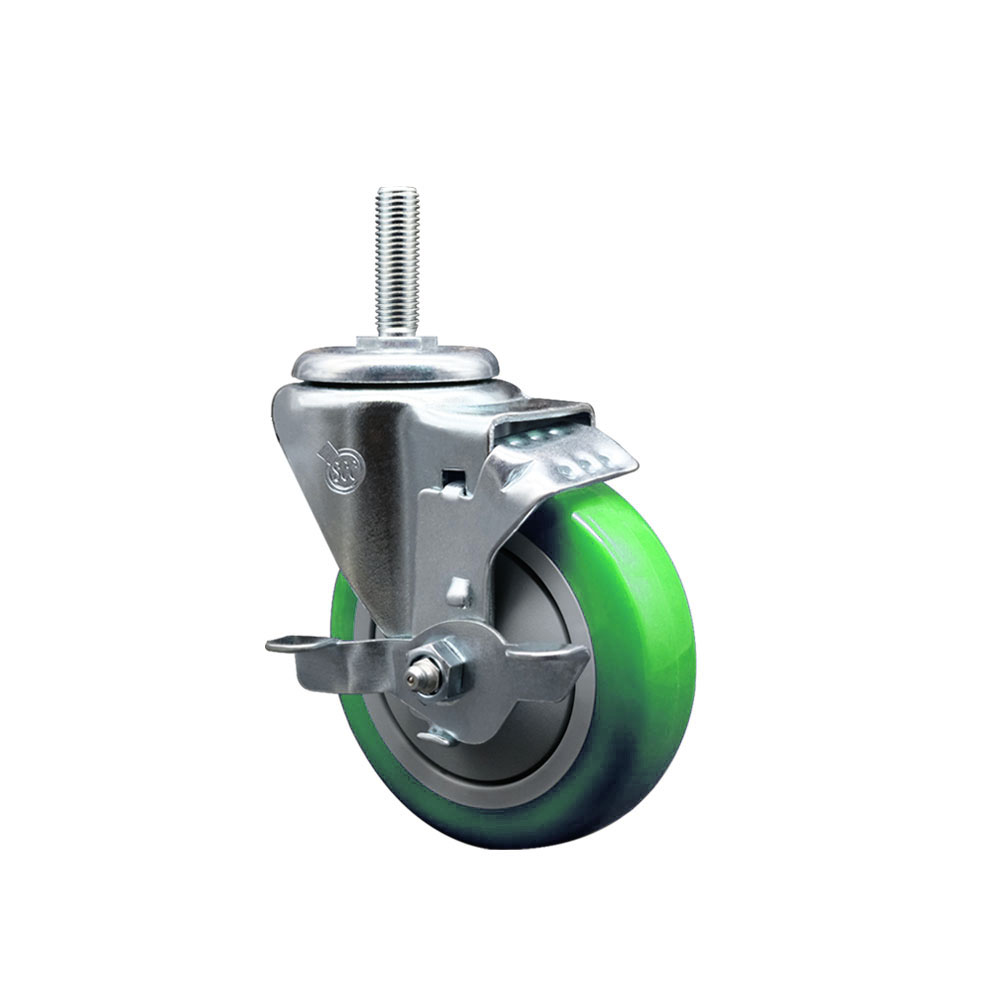 Polyurethane Swivel Threaded Stem Caster w/4" x 1.25" Green Wheel and 3/4" Stem & Top Locking Brake - 350 lbs Capacity/Caster - Service Caster Brand — photo 1