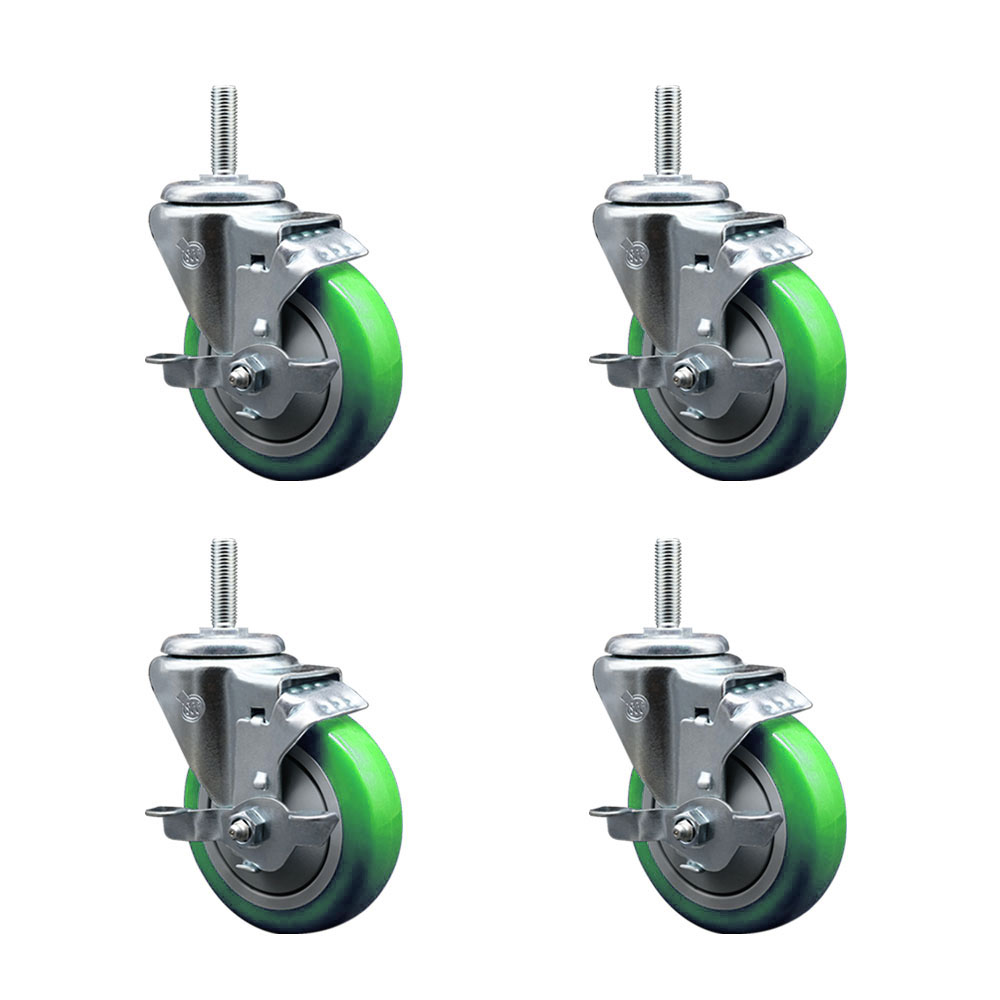 Polyurethane Swivel Threaded Stem Caster Set of 4 w/4" x 1.25" Green Wheels and 5/8" Stems - Includes 4 with Top Lock Brakes - 1400 lbs Total Capacity - Service Caster Brand — photo 1