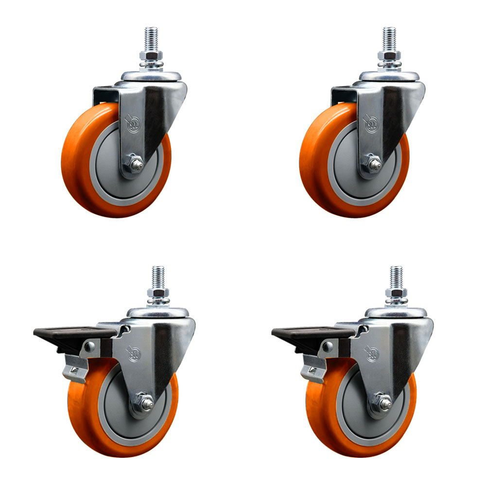 Polyurethane Swivel Threaded Stem Caster Set of 4 w/4" x 1.25" Orange Wheels and 10MM Stems - Includes 2 with Posi Locking Brake - 1400 lbs Total Capacity - Service Caster Brand — photo 1
