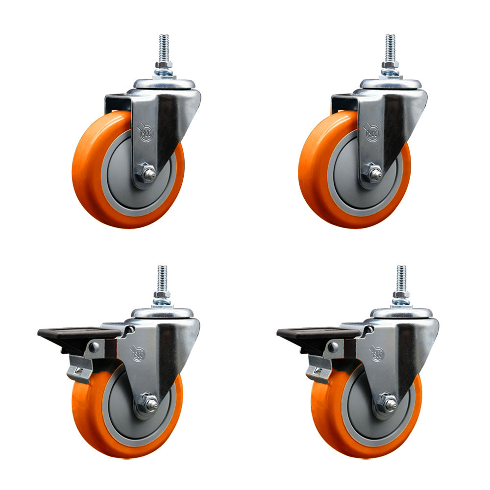 Polyurethane Swivel Threaded Stem Caster Set of 4 w/4" x 1.25" Orange Wheels and 12MM Stems - Includes 2 with Posi Locking Brake - 1400 lbs Total Capacity - Service Caster Brand — photo 1
