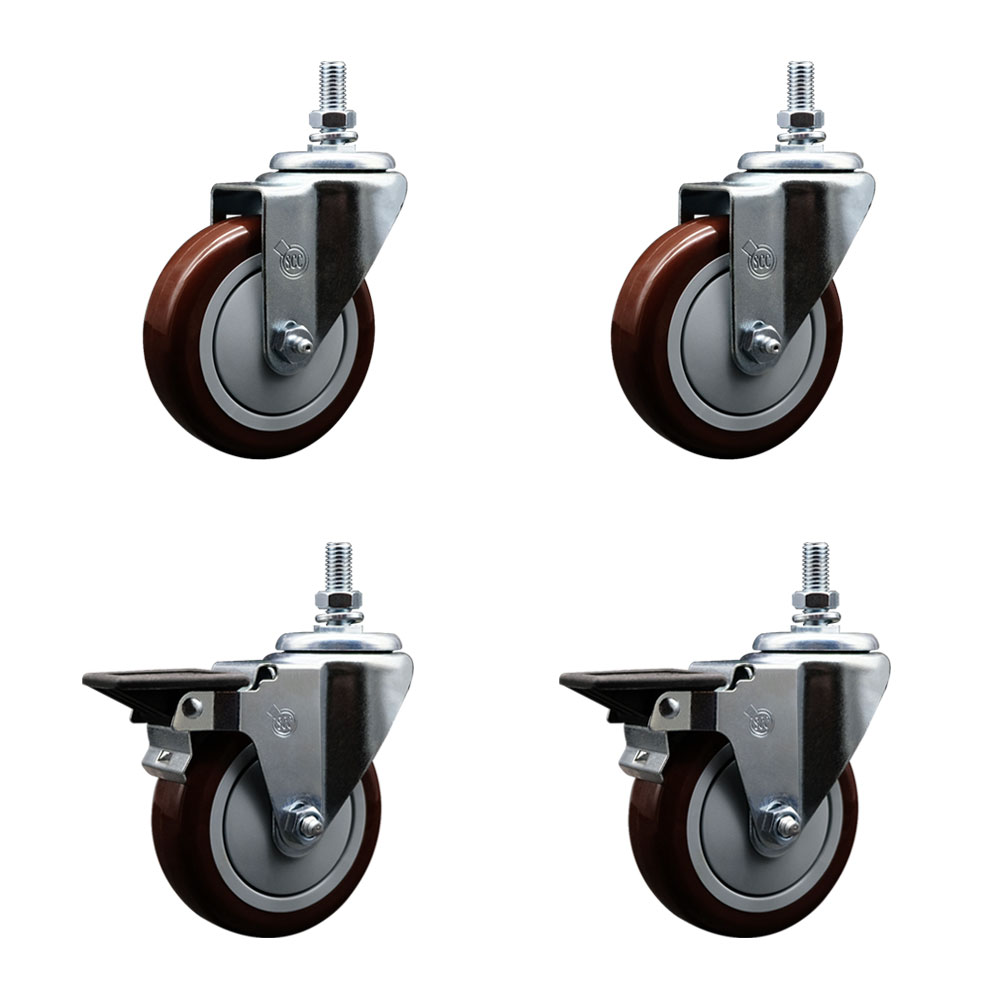 Polyurethane Swivel Threaded Stem Caster Set of 4 w/4" x 1.25" Maroon Wheels and 1/2" Stems - Includes 2 with Posi Locking Brake - 1400 lbs Total Capacity - Service Caster Brand — photo 1