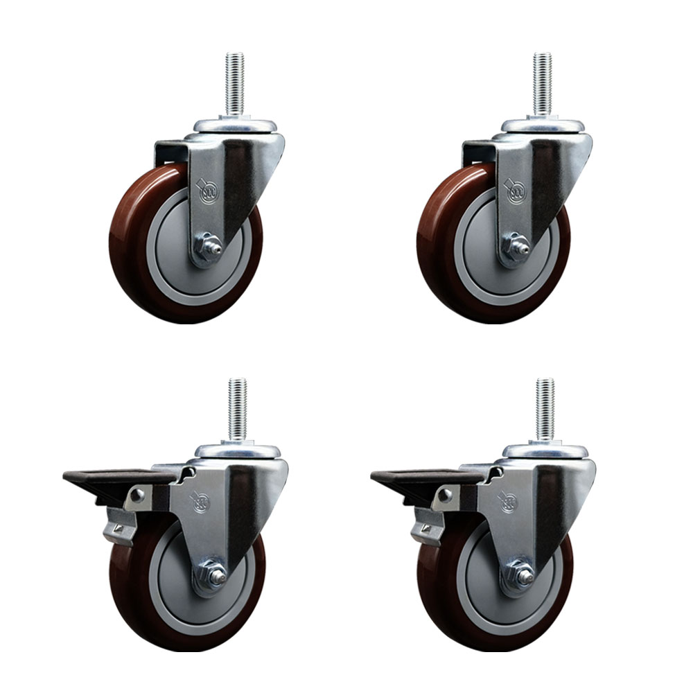 Polyurethane Swivel Threaded Stem Caster Set of 4 w/4" x 1.25" Maroon Wheels and 3/4" Stems - Includes 2 with Posi Locking Brake - 1400 lbs Total Capacity - Service Caster Brand — photo 1