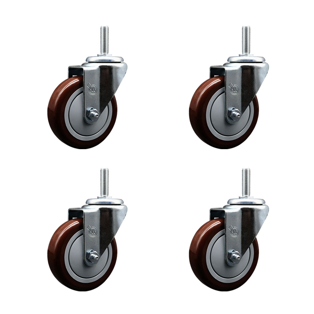 Polyurethane Swivel Threaded Stem Caster Set of 4 w/4" x 1.25" Maroon Wheels and 3/4" Stems - Includes 4 Swivel - 1400 lbs Total Capacity - Service Caster Brand — photo 1