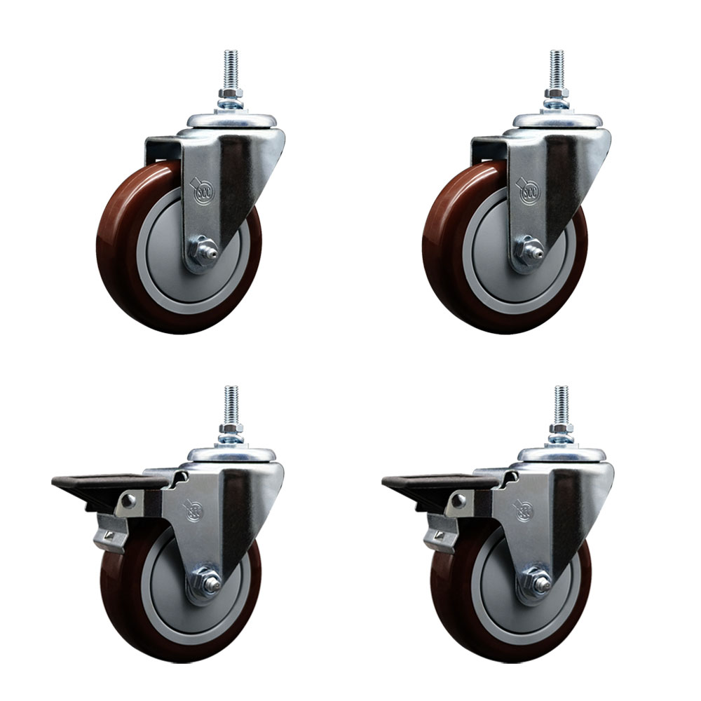 Polyurethane Swivel Threaded Stem Caster Set of 4 w/4" x 1.25" Maroon Wheels and 3/8" Stems - Includes 2 with Posi Locking Brake - 1400 lbs Total Capacity - Service Caster Brand — photo 1