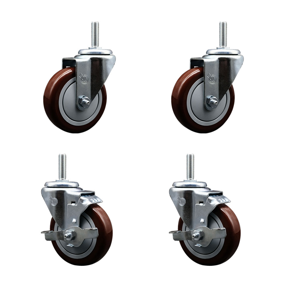 Polyurethane Swivel Threaded Stem Caster Set of 4 w/4" x 1.25" Maroon Wheels and 5/8" Stems - Includes 2 with Top Locking Brake - 1400 lbs Total Capacity - Service Caster Brand — photo 1