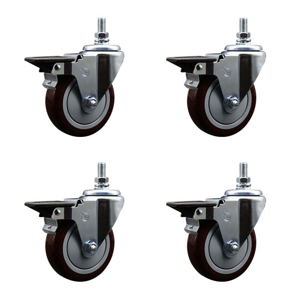 Polyurethane Swivel Threaded Stem Caster Set of 4 w/4" x 1.25" Maroon Wheels and 1/2" Stems - Includes 4 with Posi Lock Brakes - 1400 lbs Total Capacity - Service Caster Brand — photo 1