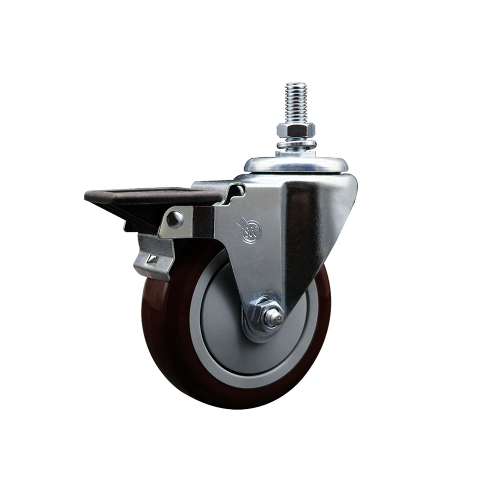 Polyurethane Swivel Threaded Stem Caster w/4" x 1.25" Maroon Wheel and 1/2" Stem & Posi Locking Brake - 350 lbs Capacity/Caster - Service Caster Brand — photo 1