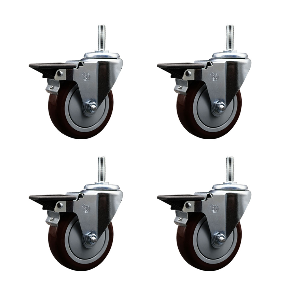 Polyurethane Swivel Threaded Stem Caster Set of 4 w/4" x 1.25" Maroon Wheels and 3/4" Stems - Includes 4 with Posi Lock Brakes - 1400 lbs Total Capacity - Service Caster Brand — photo 1