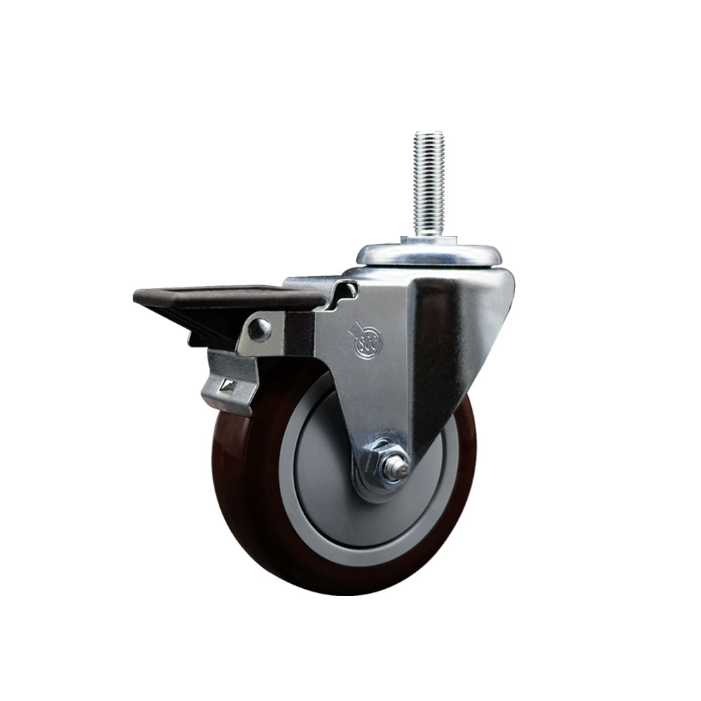 Polyurethane Swivel Threaded Stem Caster w/4" x 1.25" Maroon Wheel and 3/4" Stem & Posi Locking Brake - 350 lbs Capacity/Caster - Service Caster Brand — photo 1