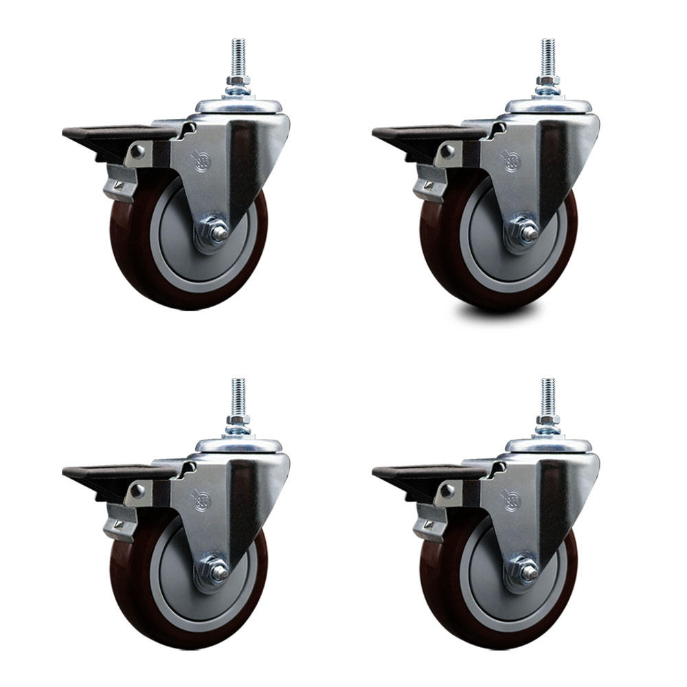 Polyurethane Swivel Threaded Stem Caster Set of 4 w/4" x 1.25" Maroon Wheels and 3/8" Stems - Includes 4 with Posi Lock Brakes - 1400 lbs Total Capacity - Service Caster Brand — photo 1