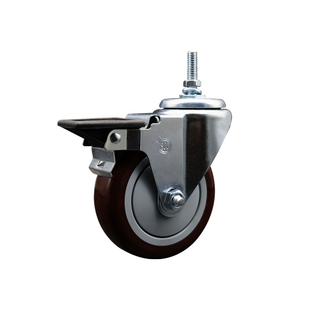 Polyurethane Swivel Threaded Stem Caster w/4" x 1.25" Maroon Wheel and 3/8" Stem & Posi Locking Brake - 350 lbs Capacity/Caster - Service Caster Brand — photo 1