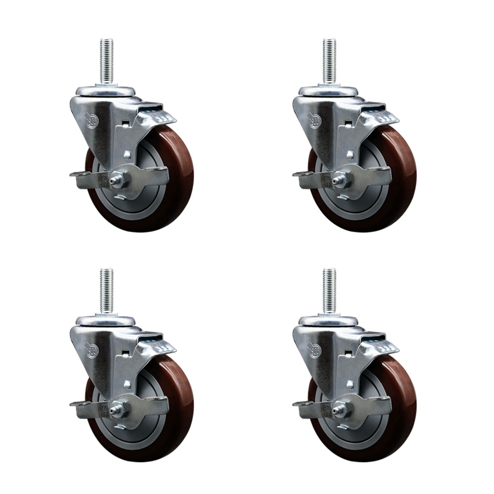 Polyurethane Swivel Threaded Stem Caster Set of 4 w/4" x 1.25" Maroon Wheels and 3/4" Stems - Includes 4 with Top Lock Brakes - 1400 lbs Total Capacity - Service Caster Brand — photo 1