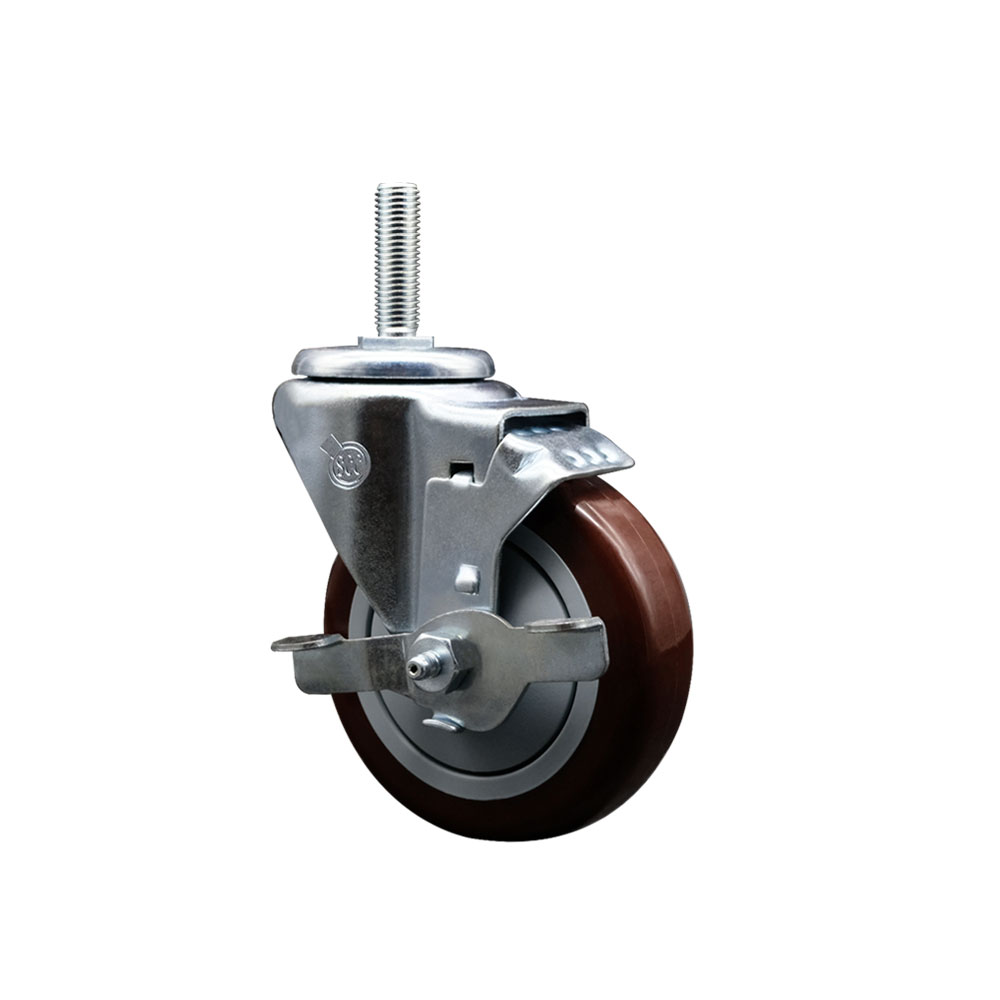 Polyurethane Swivel Threaded Stem Caster w/4" x 1.25" Maroon Wheel and 5/8" Stem & Top Locking Brake - 350 lbs Capacity/Caster - Service Caster Brand — photo 1