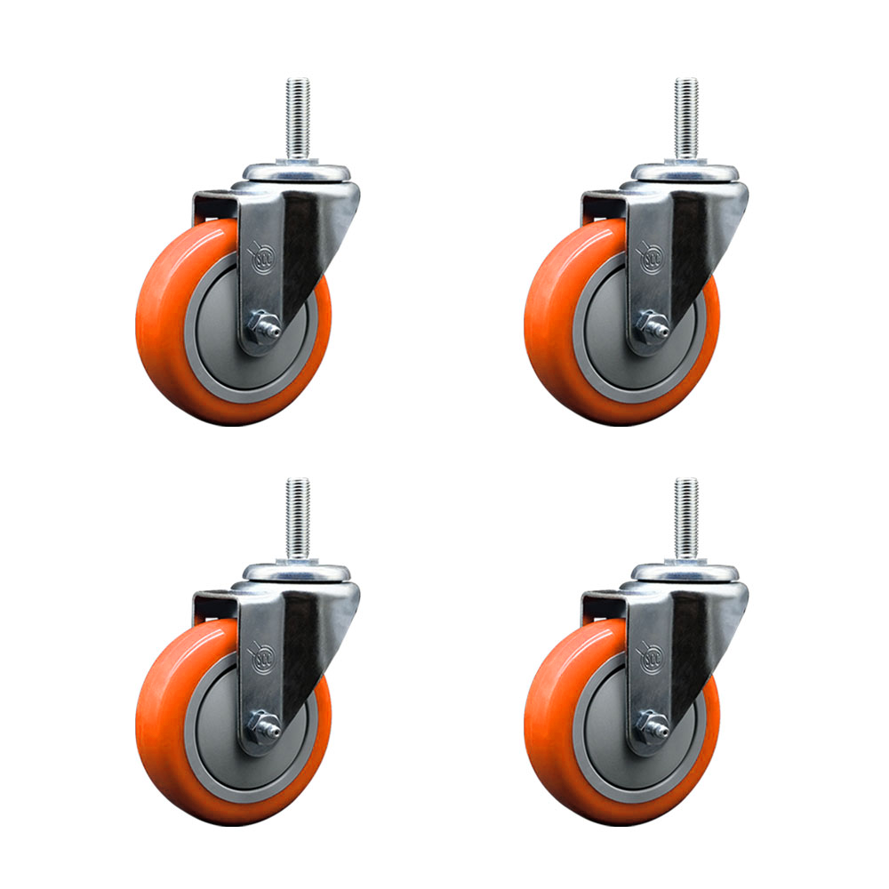 Polyurethane Swivel Threaded Stem Caster Set of 4 w/4" x 1.25" Orange Wheels and 5/8" Stems - Includes 4 Swivel - 1400 lbs Total Capacity - Service Caster Brand — photo 1
