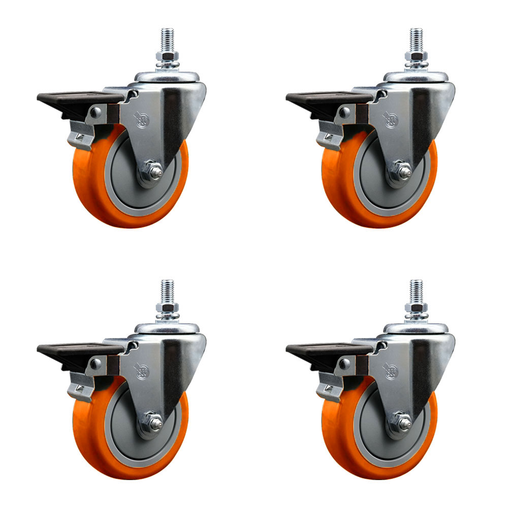 Polyurethane Swivel Threaded Stem Caster Set of 4 w/4" x 1.25" Orange Wheels and 1/2" Stems - Includes 4 with Posi Lock Brakes - 1400 lbs Total Capacity - Service Caster Brand — photo 1