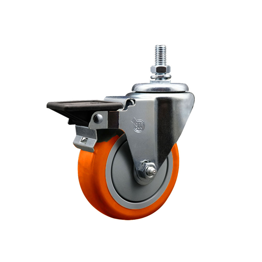 Polyurethane Swivel Threaded Stem Caster w/4" x 1.25" Orange Wheel and 1/2" Stem & Posi Locking Brake - 350 lbs Capacity/Caster - Service Caster Brand — photo 1