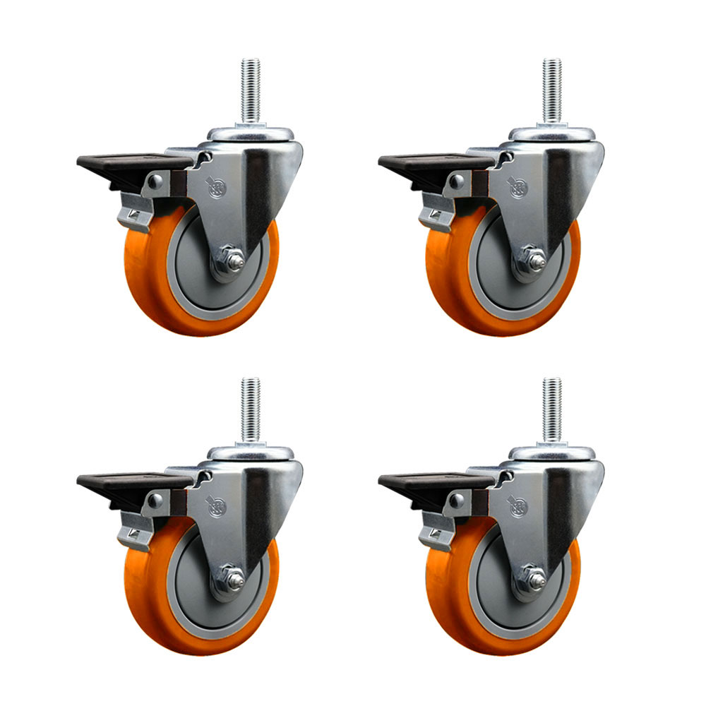 Polyurethane Swivel Threaded Stem Caster Set of 4 w/4" x 1.25" Orange Wheels and 5/8" Stems - Includes 4 with Posi Lock Brakes - 1400 lbs Total Capacity - Service Caster Brand — photo 1
