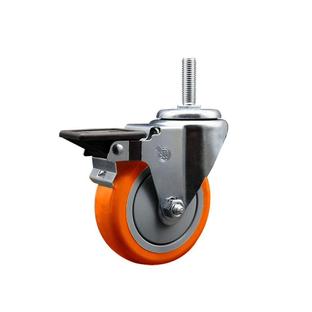 Polyurethane Swivel Threaded Stem Caster w/4" x 1.25" Orange Wheel and 5/8" Stem & Posi Locking Brake - 350 lbs Capacity/Caster - Service Caster Brand — photo 1