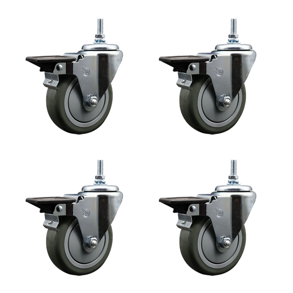 Polyurethane Swivel Threaded Stem Caster Set of 4 w/4" x 1.25" Gray Wheels and 3/8" Stems - Includes 4 with Posi Lock Brakes - 1400 lbs Total Capacity - Service Caster Brand — photo 1