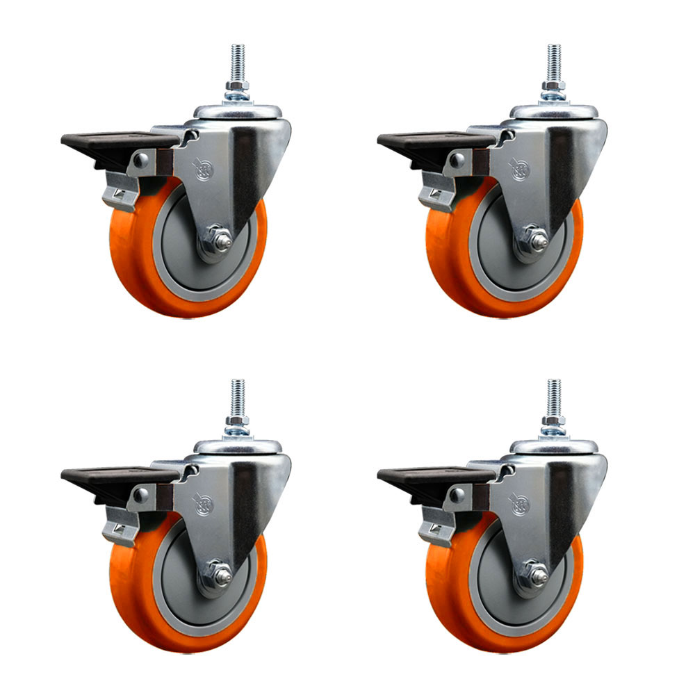 Polyurethane Swivel Threaded Stem Caster Set of 4 w/4" x 1.25" Orange Wheels and 3/8" Stems - Includes 4 with Posi Lock Brakes - 1400 lbs Total Capacity - Service Caster Brand — photo 1