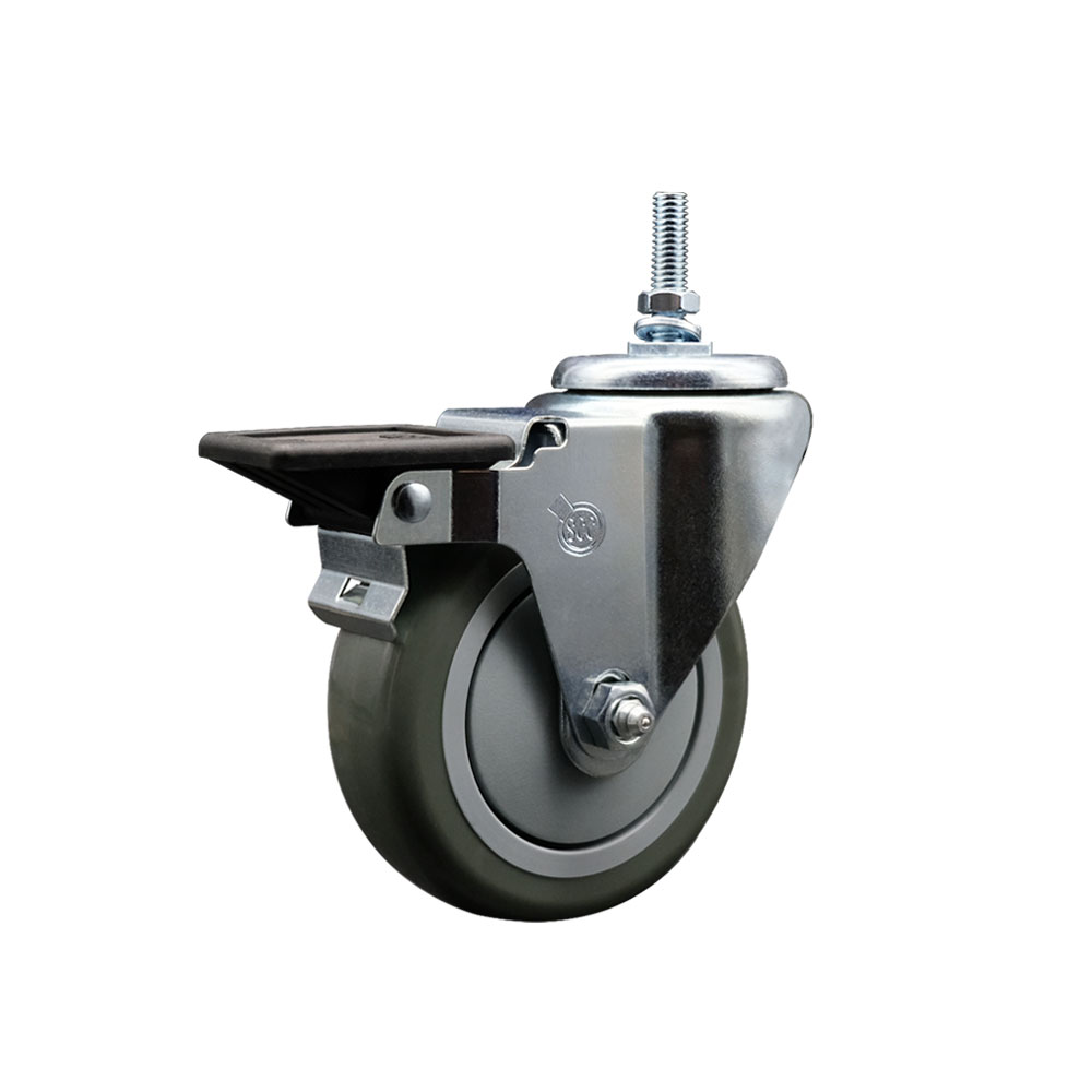 Polyurethane Swivel Threaded Stem Caster w/4" x 1.25" gray Wheel and 3/8" Stem & Posi Locking Brake - 350 lbs Capacity/Caster - Service Caster Brand — photo 1
