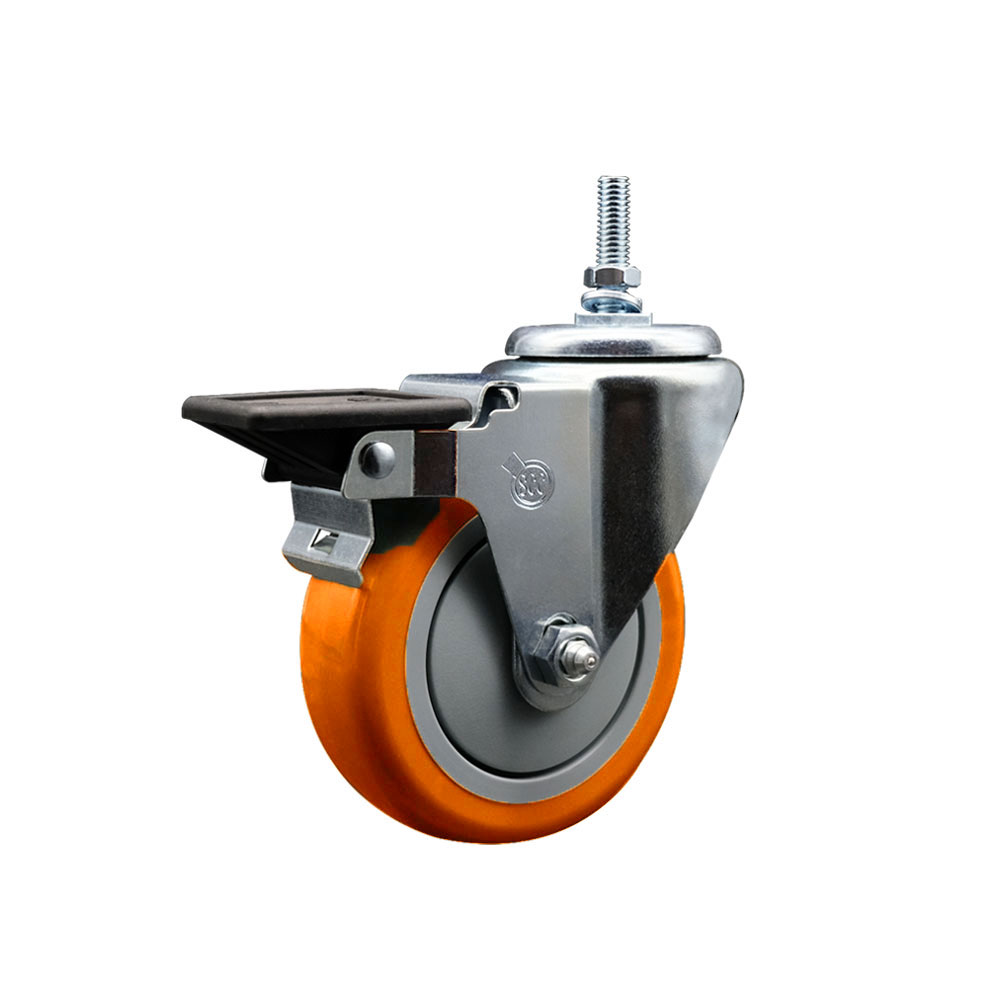 Polyurethane Swivel Threaded Stem Caster w/4" x 1.25" Orange Wheel and 3/8" Stem & Posi Locking Brake - 350 lbs Capacity/Caster - Service Caster Brand — photo 1