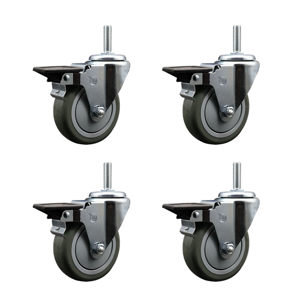 Polyurethane Swivel Threaded Stem Caster Set of 4 w/4" x 1.25" Gray Wheels and 5/8" Stems - Includes 4 with Posi Lock Brakes - 1400 lbs Total Capacity - Service Caster Brand — photo 1