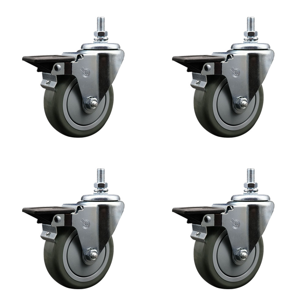 Polyurethane Swivel Threaded Stem Caster Set of 4 w/4" x 1.25" Gray Wheels and 10MM Stems - Includes 4 with Posi Lock Brakes - 1400 lbs Total Capacity - Service Caster Brand — photo 1