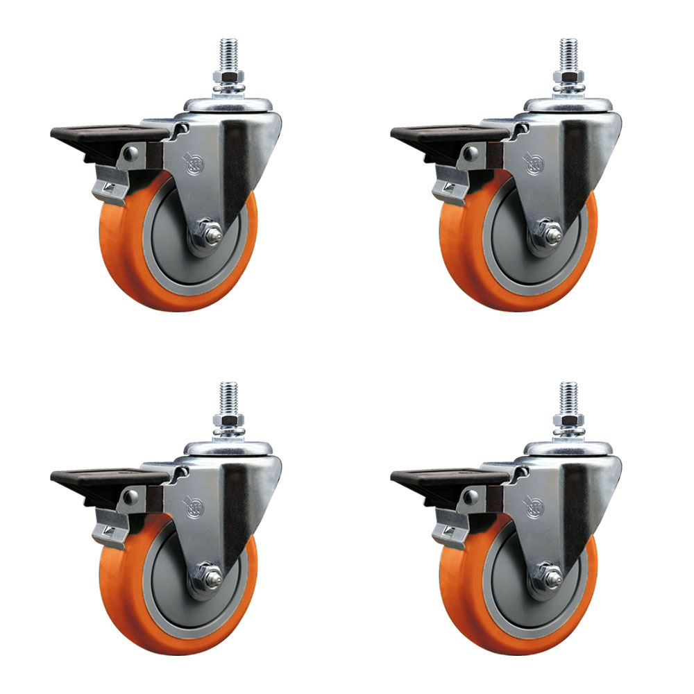 Polyurethane Swivel Threaded Stem Caster Set of 4 w/4" x 1.25" Orange Wheels and 10MM Stems - Includes 4 with Posi Lock Brakes - 1400 lbs Total Capacity - Service Caster Brand — photo 1