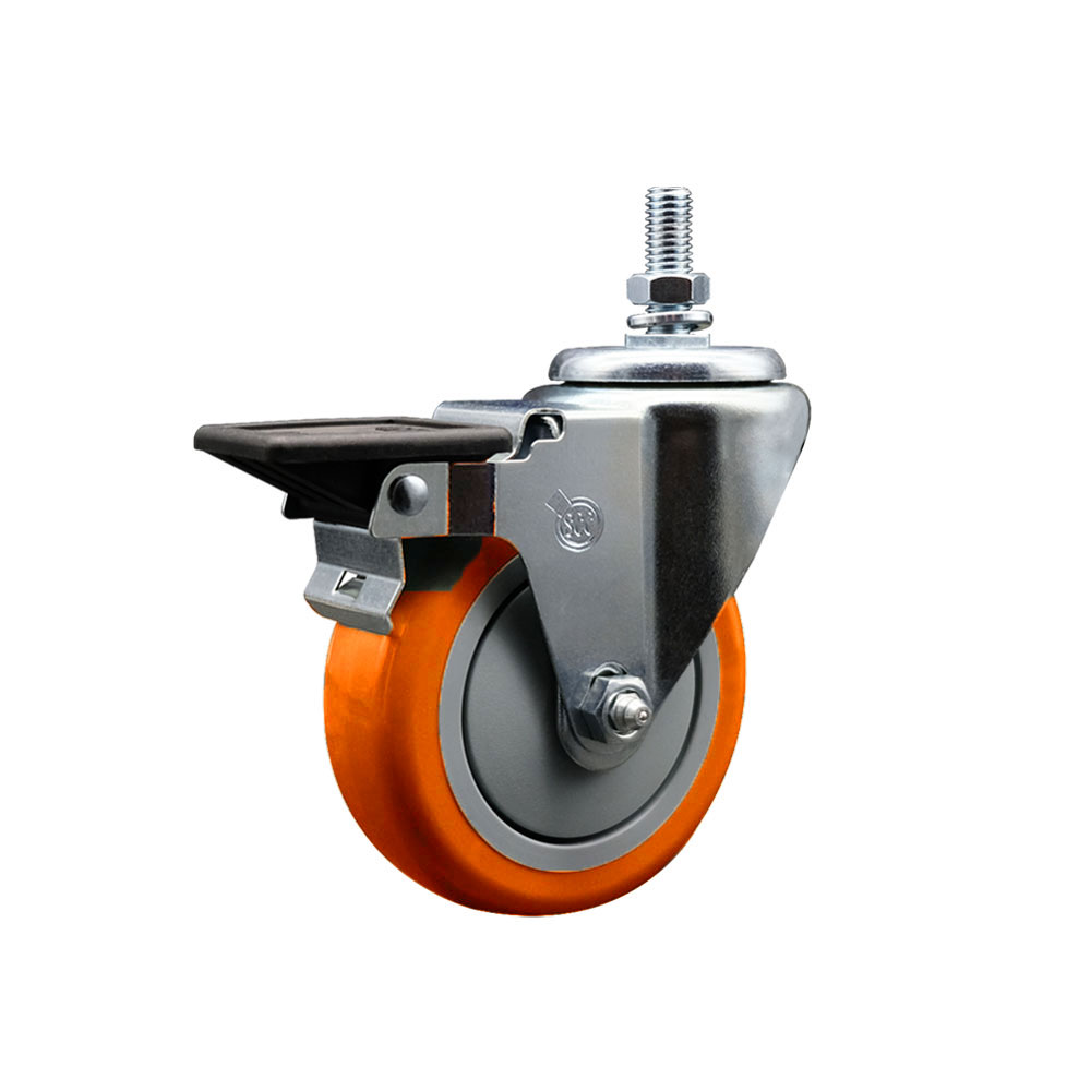 Polyurethane Swivel Threaded Stem Caster w/4" x 1.25" Orange Wheel and 10MM Stem & Posi Locking Brake - 350 lbs Capacity/Caster - Service Caster Brand — photo 1