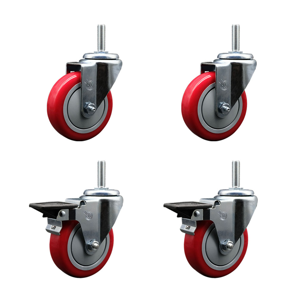 Polyurethane Swivel Threaded Stem Caster Set of 4 w/4" x 1.25" Red Wheels and 3/4" Stems - Includes 2 with Posi Locking Brake - 1400 lbs Total Capacity - Service Caster Brand — photo 1