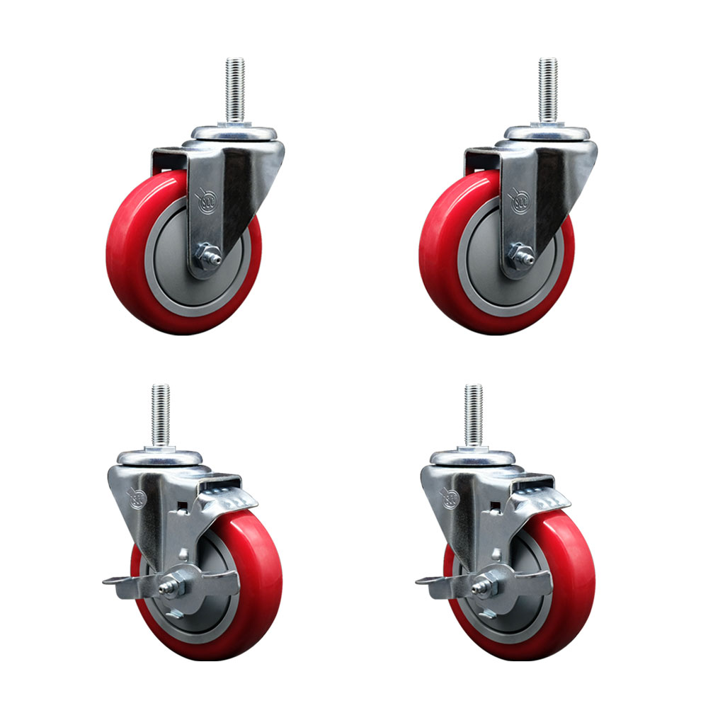 Polyurethane Swivel Threaded Stem Caster Set of 4 w/4" x 1.25" Red Wheels and 3/4" Stems - Includes 2 with Top Locking Brake - 1400 lbs Total Capacity - Service Caster Brand — photo 1