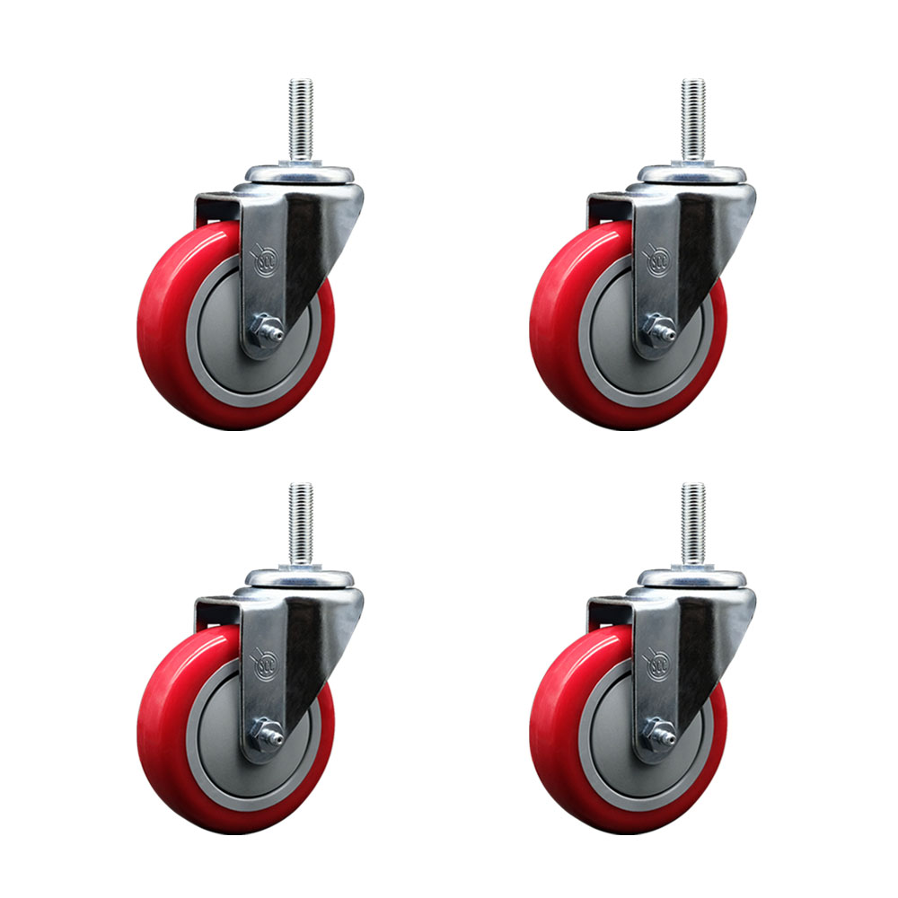 Polyurethane Swivel Threaded Stem Caster Set of 4 w/4" x 1.25" Red Wheels and 3/4" Stems - Includes 4 Swivel - 1400 lbs Total Capacity - Service Caster Brand — photo 1