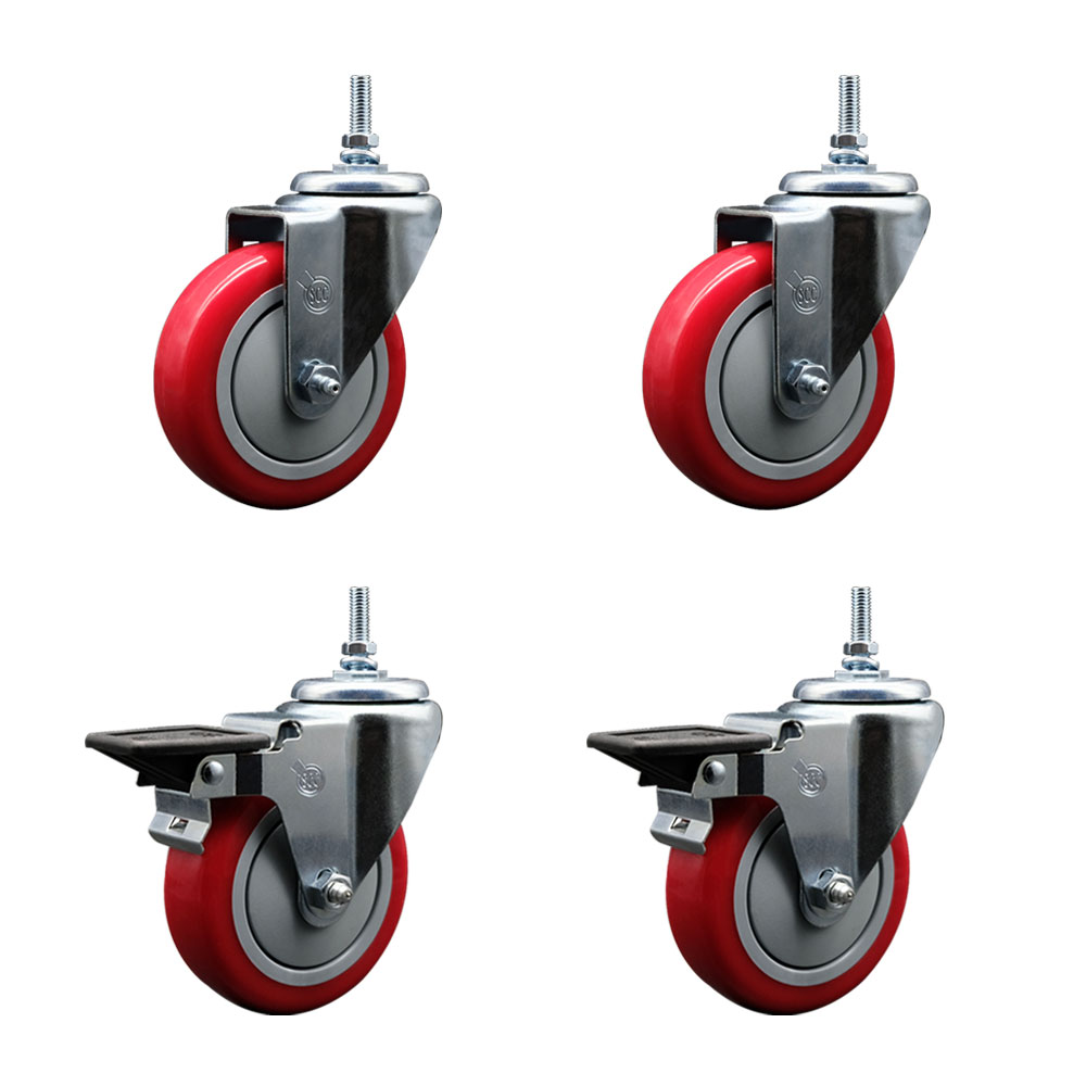 Polyurethane Swivel Threaded Stem Caster Set of 4 w/4" x 1.25" Red Wheels and 3/8" Stems - Includes 2 with Posi Locking Brake - 1400 lbs Total Capacity - Service Caster Brand — photo 1