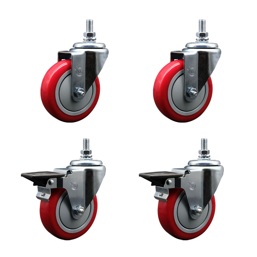 Polyurethane Swivel Threaded Stem Caster Set of 4 w/4" x 1.25" Red Wheels and 10MM Stems - Includes 2 with Posi Locking Brake - 1400 lbs Total Capacity - Service Caster Brand — photo 1