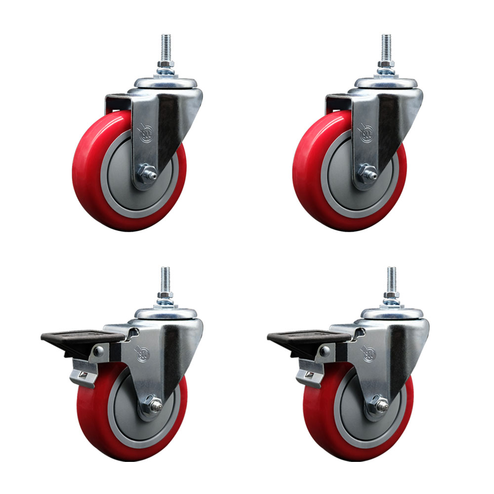 Polyurethane Swivel Threaded Stem Caster Set of 4 w/4" x 1.25" Red Wheels and 12MM Stems - Includes 2 with Posi Locking Brake - 1,400 lbs Total Capacity - Service Caster Brand — photo 1