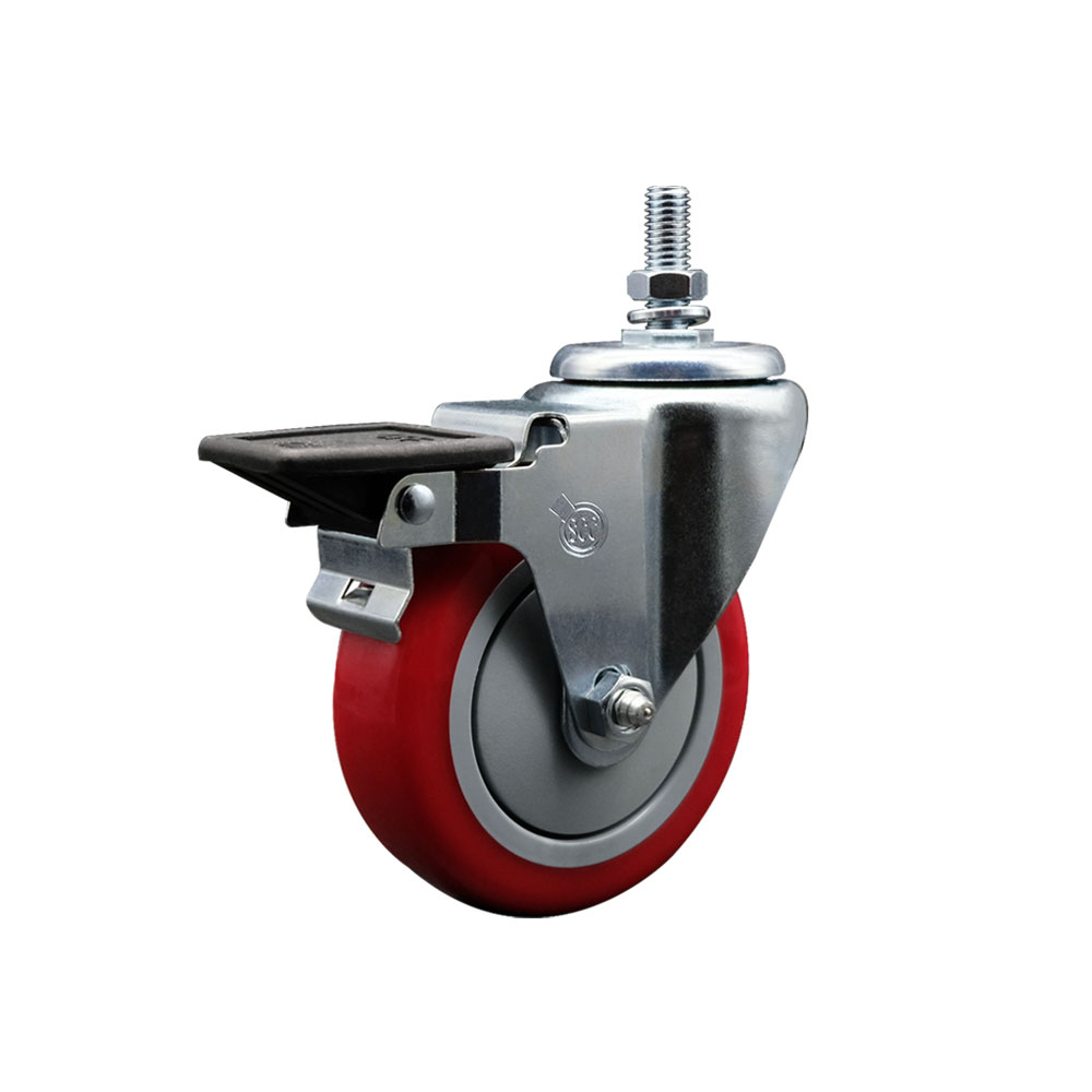 Polyurethane Swivel Threaded Stem Caster w/4" x 1.25" Red Wheel and 1/2" Stem & Posi Locking Brake - 350 lbs Capacity/Caster - Service Caster Brand — photo 1