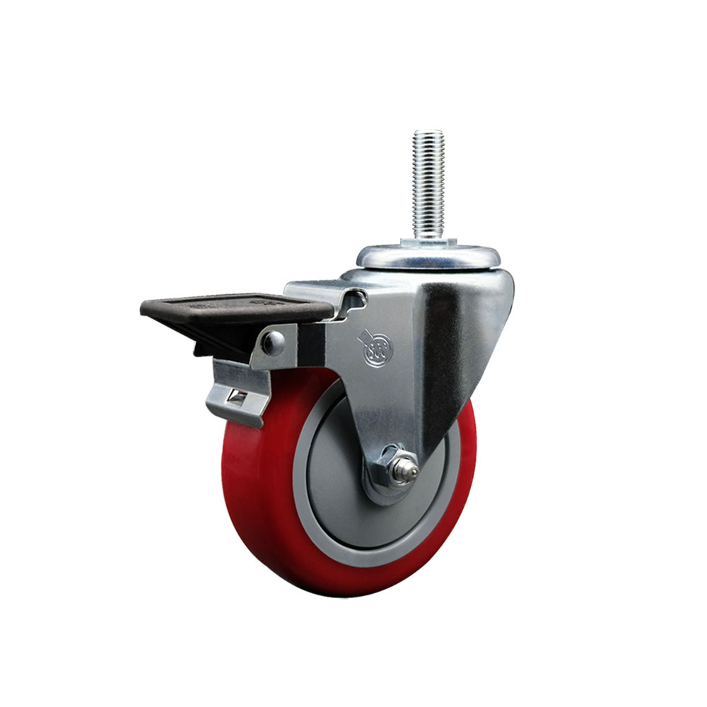 Polyurethane Swivel Threaded Stem Caster w/4" x 1.25" Red Wheel and 3/4" Stem & Posi Locking Brake - 350 lbs Capacity/Caster - Service Caster Brand — photo 1